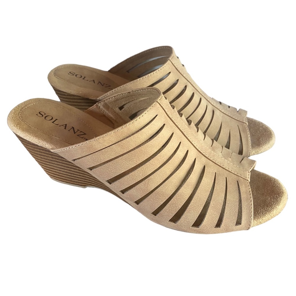 Paige sand strappy wedge solanz summer tan slip on Sandals women 7 medium in box